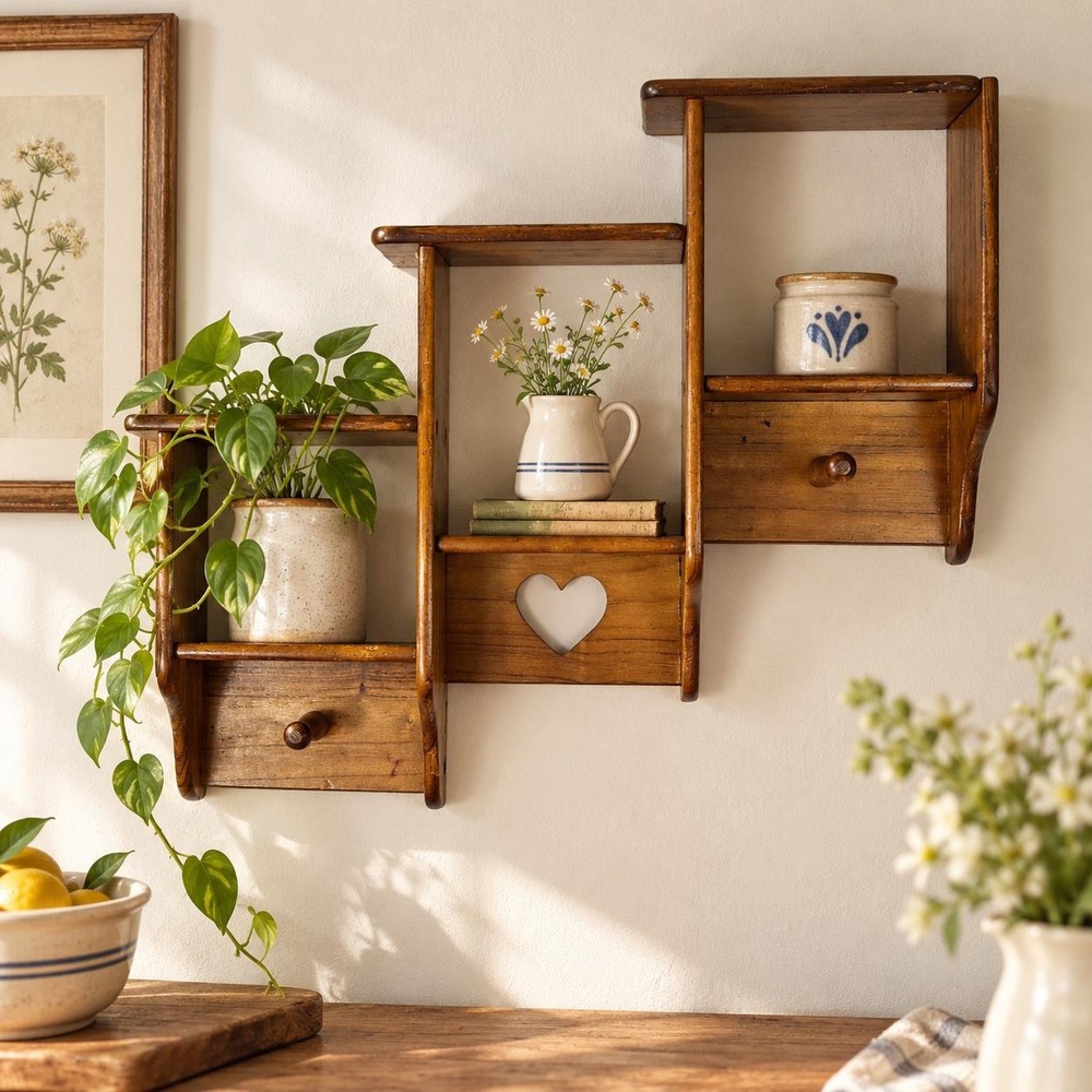 Wood Wall Shelf Heart Cutout Country Cottage Peg Rack Primitive Farmhouse VTG